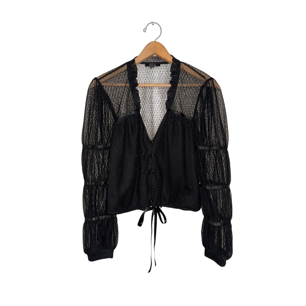 Privy Privately Privileged Black Mesh Dot Sheer Puff Sleeve Top PT40395N Small